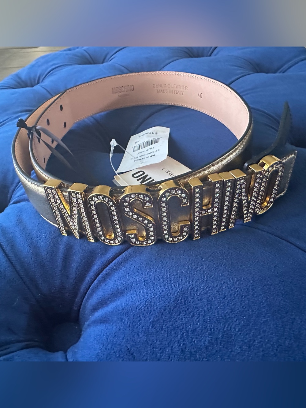 Moschino GoldLeather Belt with Gold Crystal Logo Buckle